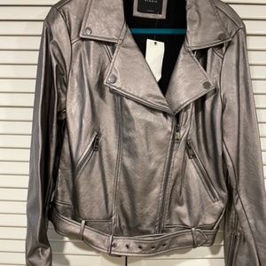 Vegan Leather Gunmetal Metallic Moto Jacket Zippered Biker Belted